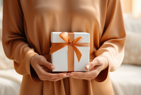 Woman holding gift box at home, closeup. Celebrating Christmasの写真素材