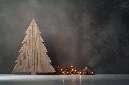 Christmas tree made of wooden planks and burning candles on a gray backgroundの写真素材