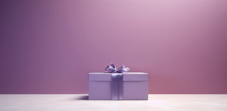 Purple gift box with bow on a wooden table. 3d renderingの写真素材