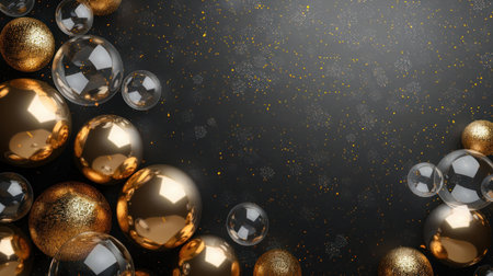 3d render of golden christmas balls on dark background with copy space