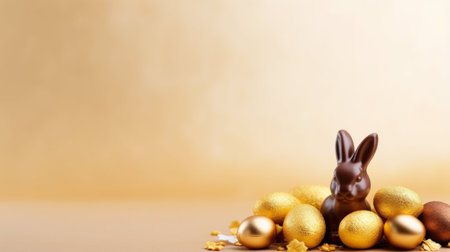 Easter background with chocolate bunny and golden eggs. Copy space.