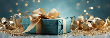 Blue gift box with golden ribbon on blue bokeh background.の写真素材