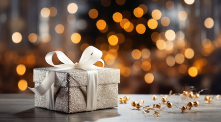 Gift box with golden ribbon on bokeh lights background.の写真素材