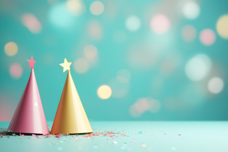 Party hats on a blue background with bokeh. 3d renderingの写真素材