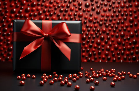 Black gift box with red bow on red bokeh background.