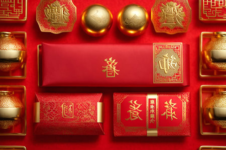 Chinese New Year decoration on a red background with golden ingots.の写真素材