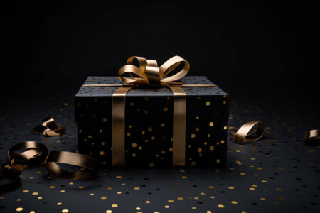 Gift box with gold ribbon and confetti on black background.の写真素材