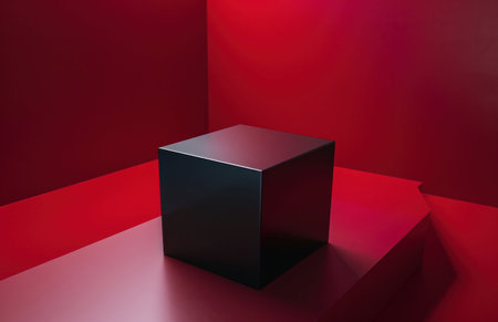 Black cube on red background, 3d render, square image.の写真素材