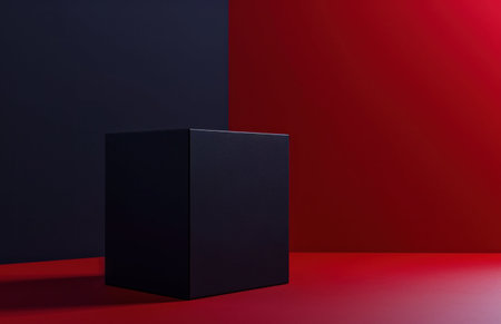 Black square box on red and blue background. 3d rendering.の写真素材