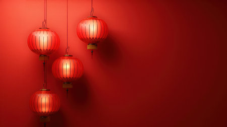 Red Chinese lanterns hanging on red wall. 3D Rendering