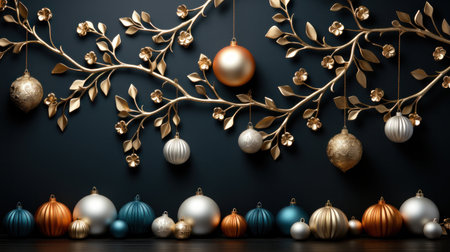 Christmas and New Year background with gold and silver decorations. 3D illustrations.の写真素材
