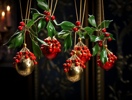 Christmas decoration with holly berry and golden baubles on dark backgroundの写真素材