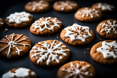 Christmas gingerbread cookies with snowflakes on a black background.