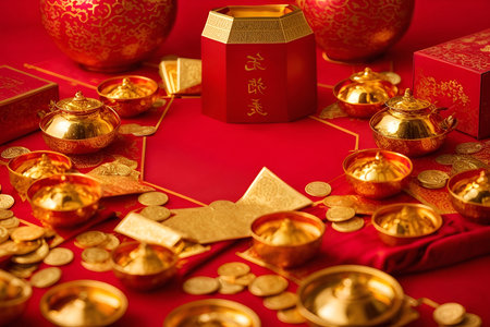 Chinese New Year decoration with gold ingots and red envelopes on red backgroundの写真素材