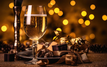 Christmas still life with glass of champagne and gift boxes on bokeh backgroundの写真素材