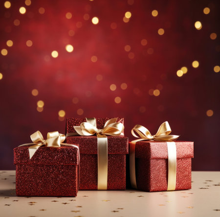 Red gift boxes with golden bows on bokeh light background.の写真素材