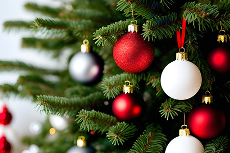 Christmas tree decorated with red and silver baubles on white backgroundの写真素材
