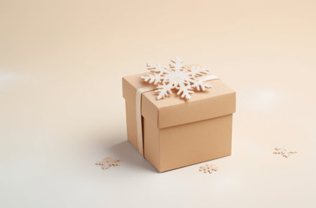 Christmas gift box with white snowflake on beige background. Christmas and New Year concept.