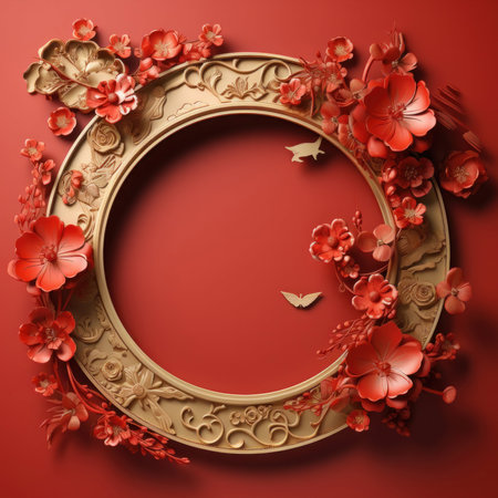 Vintage frame with floral ornament on red background. 3d render
