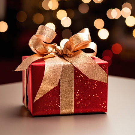 Red gift box with gold ribbon on the background of bokeh
