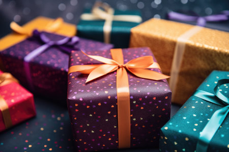Gift boxes with ribbons on dark background. Selective focus.