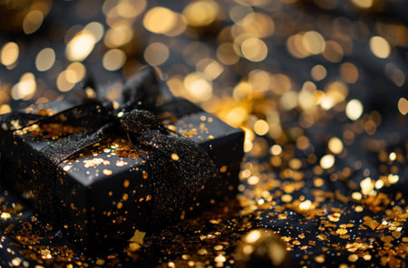 Black gift box with golden glitter and bokeh on black background