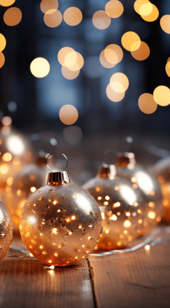 Golden Christmas balls on a wooden table against the background of bokeh