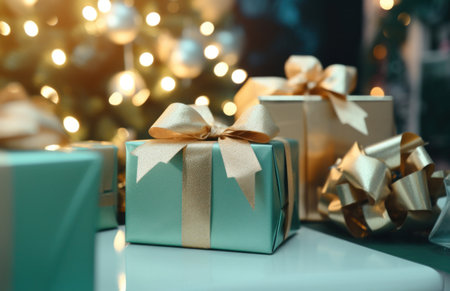 Beautiful gift boxes with bows on table against blurred festive lights, closeupの写真素材