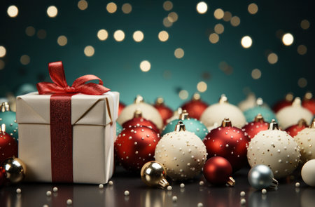 Christmas background with gift box and baubles on bokeh background