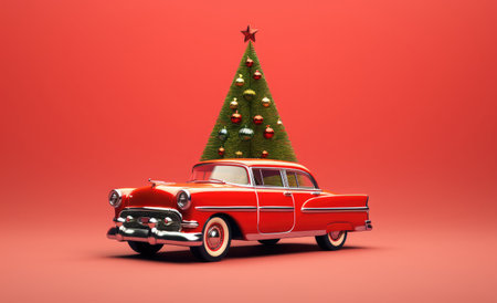 Retro car with christmas tree on red background. 3d illustrationの写真素材