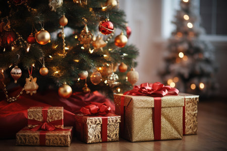 Christmas tree and gifts on a background of the interior of the roomの写真素材