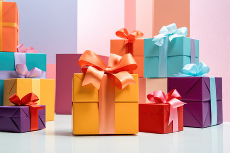 Colorful gift boxes with ribbons on colorful background. Christmas, birthday, valentine's day conceptの写真素材