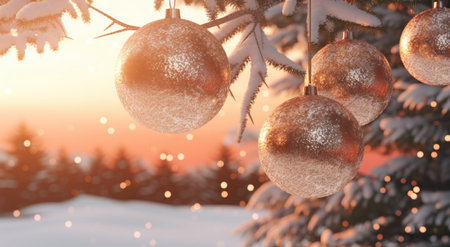 Christmas and New Year background with Christmas balls in the snow. 3d renderingの写真素材