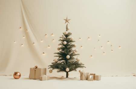 Christmas tree and gift boxes in front of white wall with copy spaceの写真素材