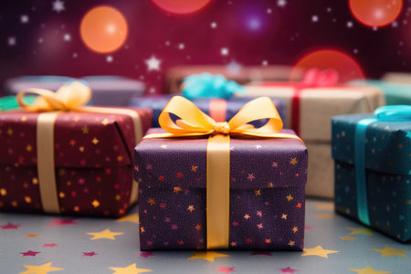 Gift boxes on bokeh background, Christmas and New Year conceptの写真素材