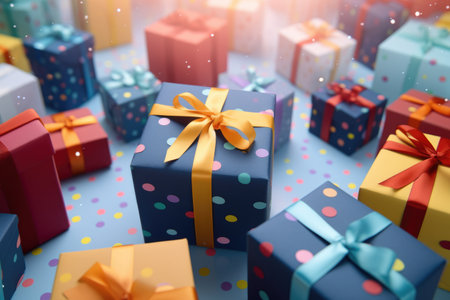 Colorful gift boxes with bows on blue background. 3d rendering
