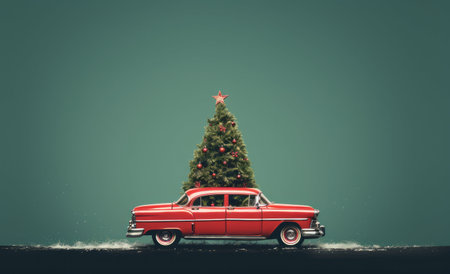 Retro car with christmas tree on green background. Christmas holiday concept.の写真素材