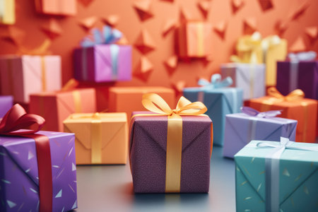 Colorful gift boxes on colorful background. Christmas and New Year concept.