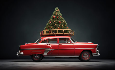 Retro car with christmas tree on background. 3d renderingの写真素材