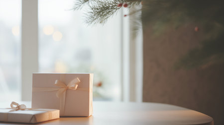 Gift boxes on a table in the living room. Christmas backgroundの写真素材