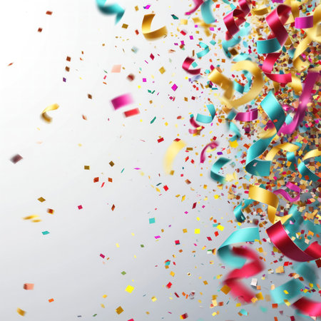Celebration background with colorful confetti and ribbons. Vector illustration.の写真素材