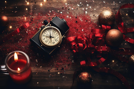 Vintage clock and christmas decoration on wooden background. New Year concept