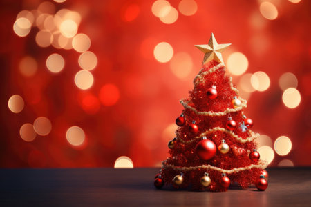 Christmas tree on red bokeh background. New Year and Christmas holiday concept.の写真素材