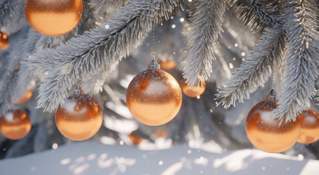 Christmas background with fir branches covered with snow and golden Christmas balls.の写真素材