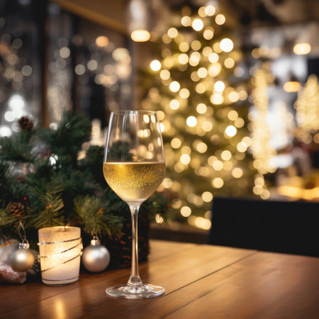 Glass of white wine on the background of a Christmas tree in a restaurantの写真素材
