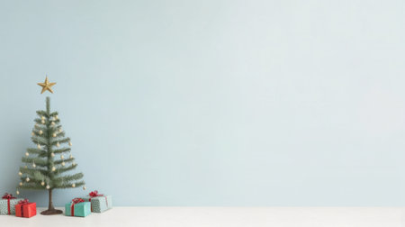 Christmas tree and presents on white table against blue wall with copy space