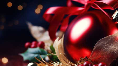 Christmas decoration with red bauble on dark background with bokehの写真素材