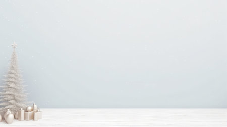 Christmas tree with decoration on white wooden table and blue wall background. 3D Renderingの写真素材