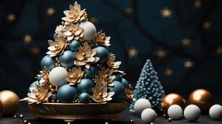 Christmas tree made of blue and golden baubles on dark background