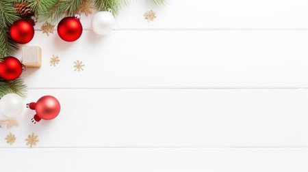 Christmas decoration on white wooden background. Top view with copy space.の写真素材